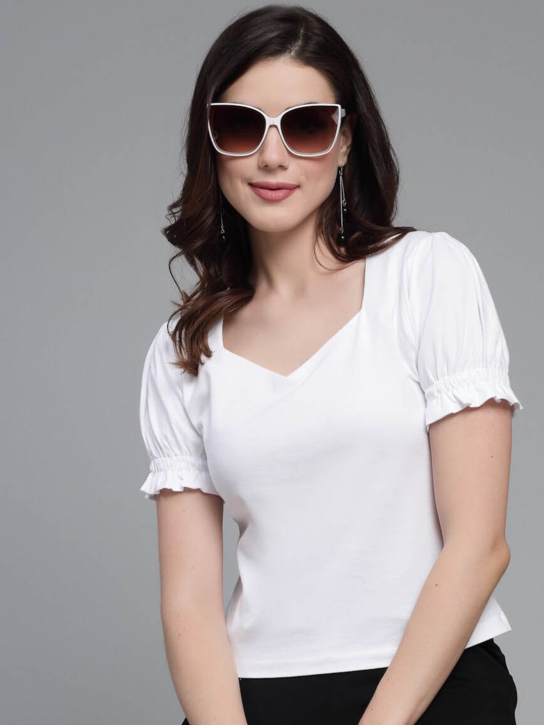 

Style Quotient Sweetheart Neck Puff Sleeve Cotton Top, White