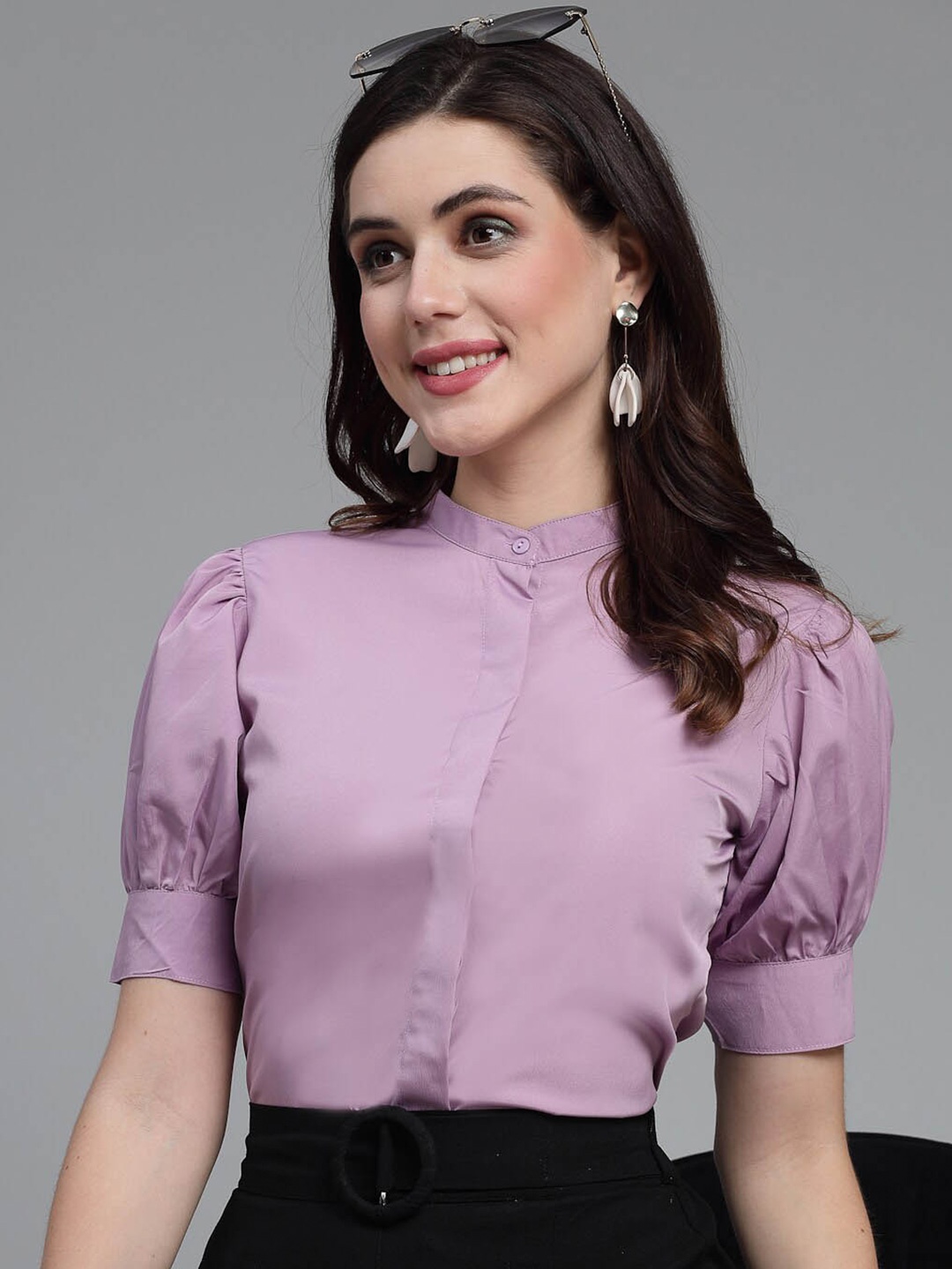 Style Quotient Smart Purple Band Collar Puff Sleeve Opaque Formal Shirt