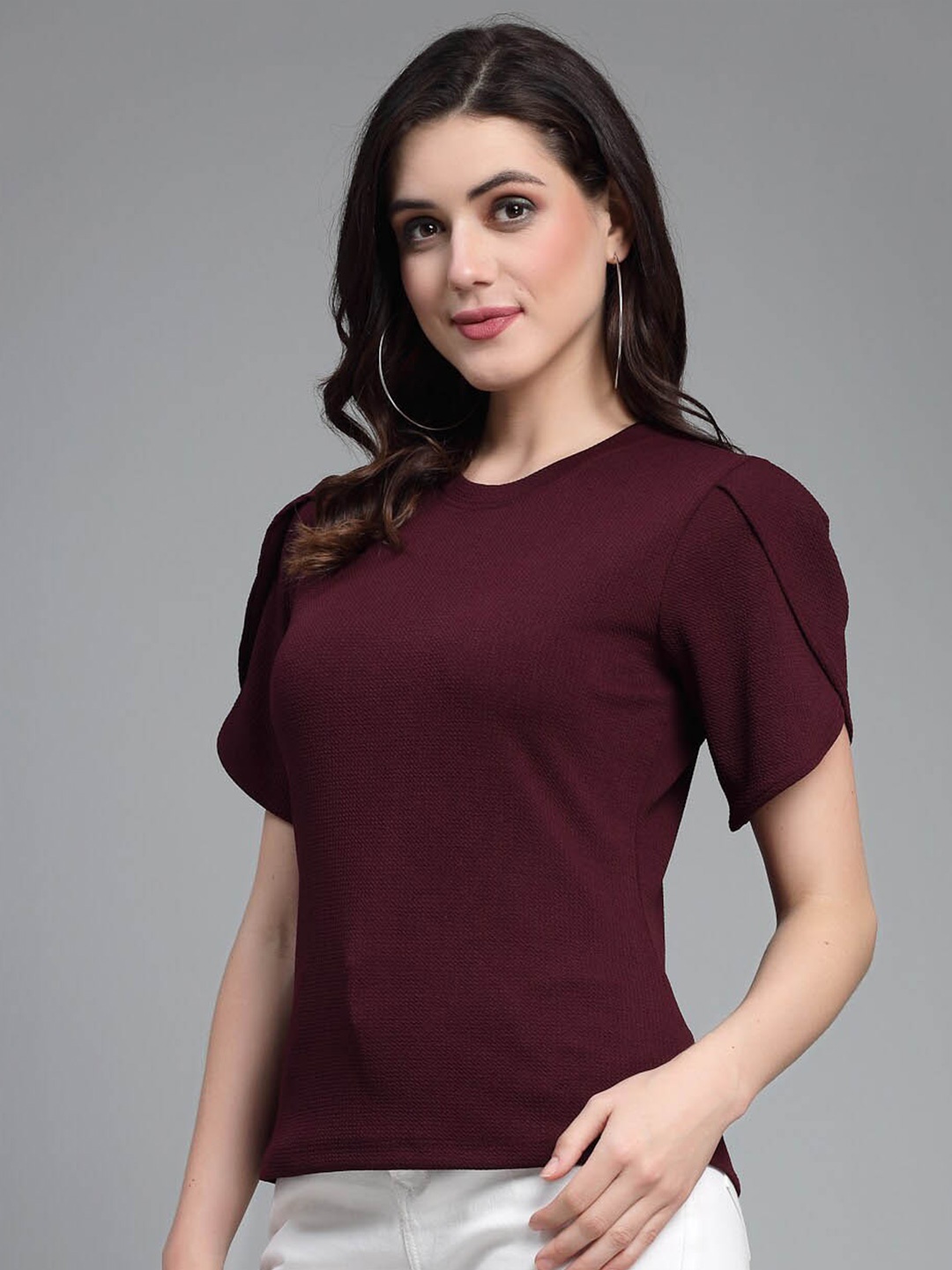 

Style Quotient Round Neck Puff Sleeves Top, Maroon