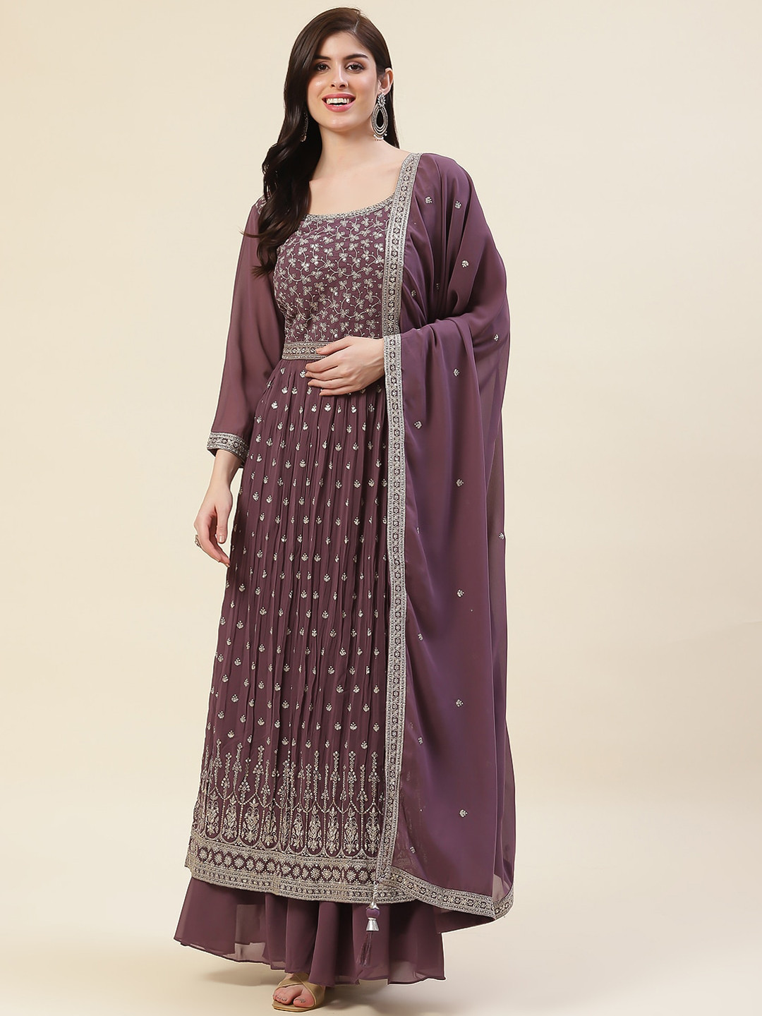 

Meena Bazaar Floral Embroidered Kurta & Skirt With Dupatta, Purple
