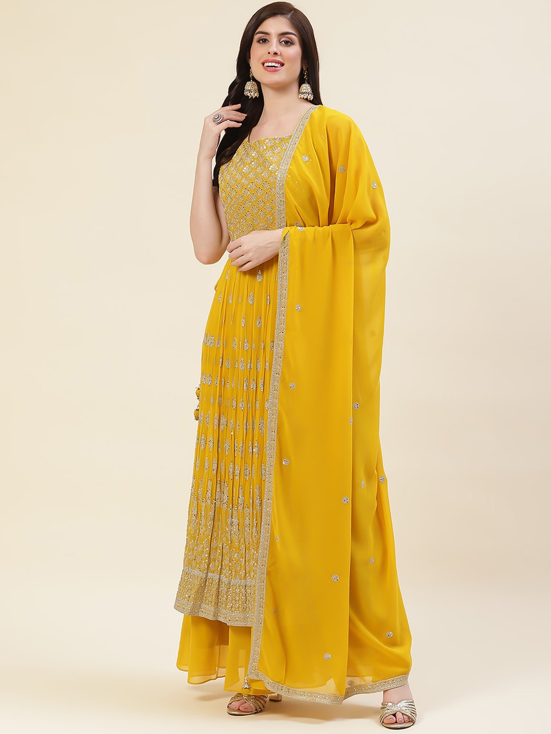 

Meena Bazaar Floral Embroidered Sequinned Kurta & Palazzos With Dupatta, Mustard