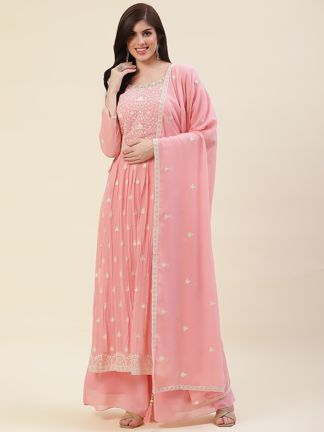

Meena Bazaar Floral Embroidered Kurta & Palazzos With Dupatta, Pink