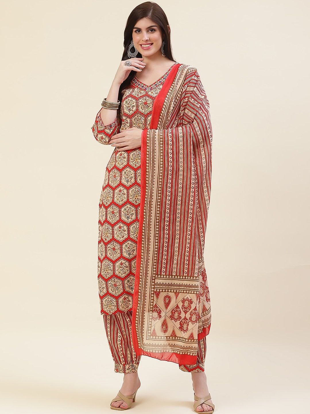 

Meena Bazaar Floral Printed V-Neck Straight Kurta & Salwar With Dupatta, Beige