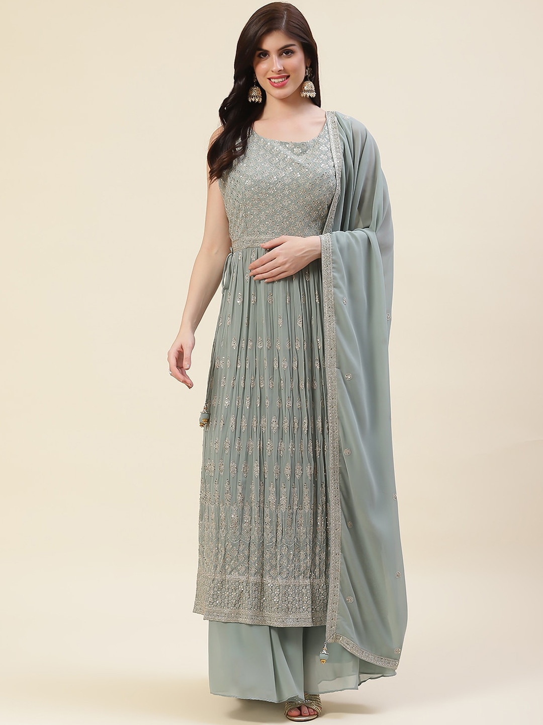 

Meena Bazaar Floral Embroidered Sequinned Kurta & Palazzo With Dupatta, Grey