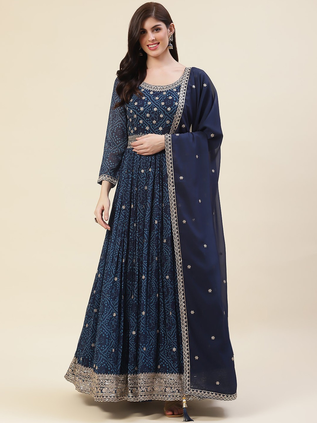 

Meena Bazaar Ethnic Motifs Printed Embroidered Detail Kurta With Dupatta, Navy blue