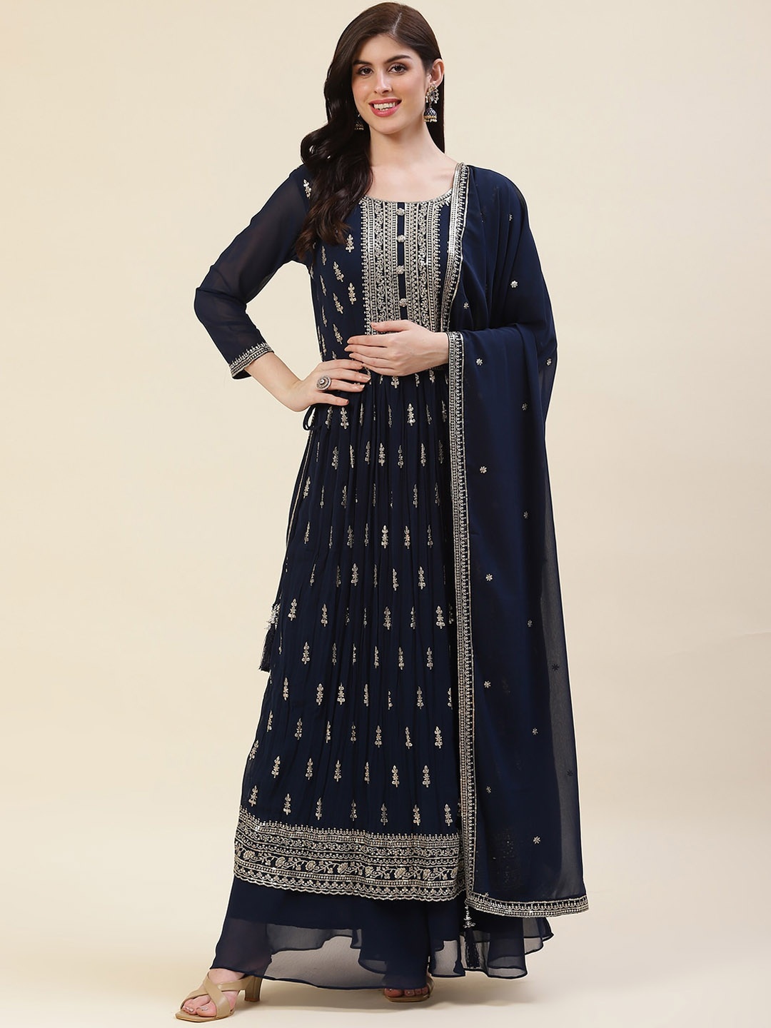 

Meena Bazaar Ethnic Motifs Embroidered Sequinned Kurta & Palazzo With Dupatta, Navy blue
