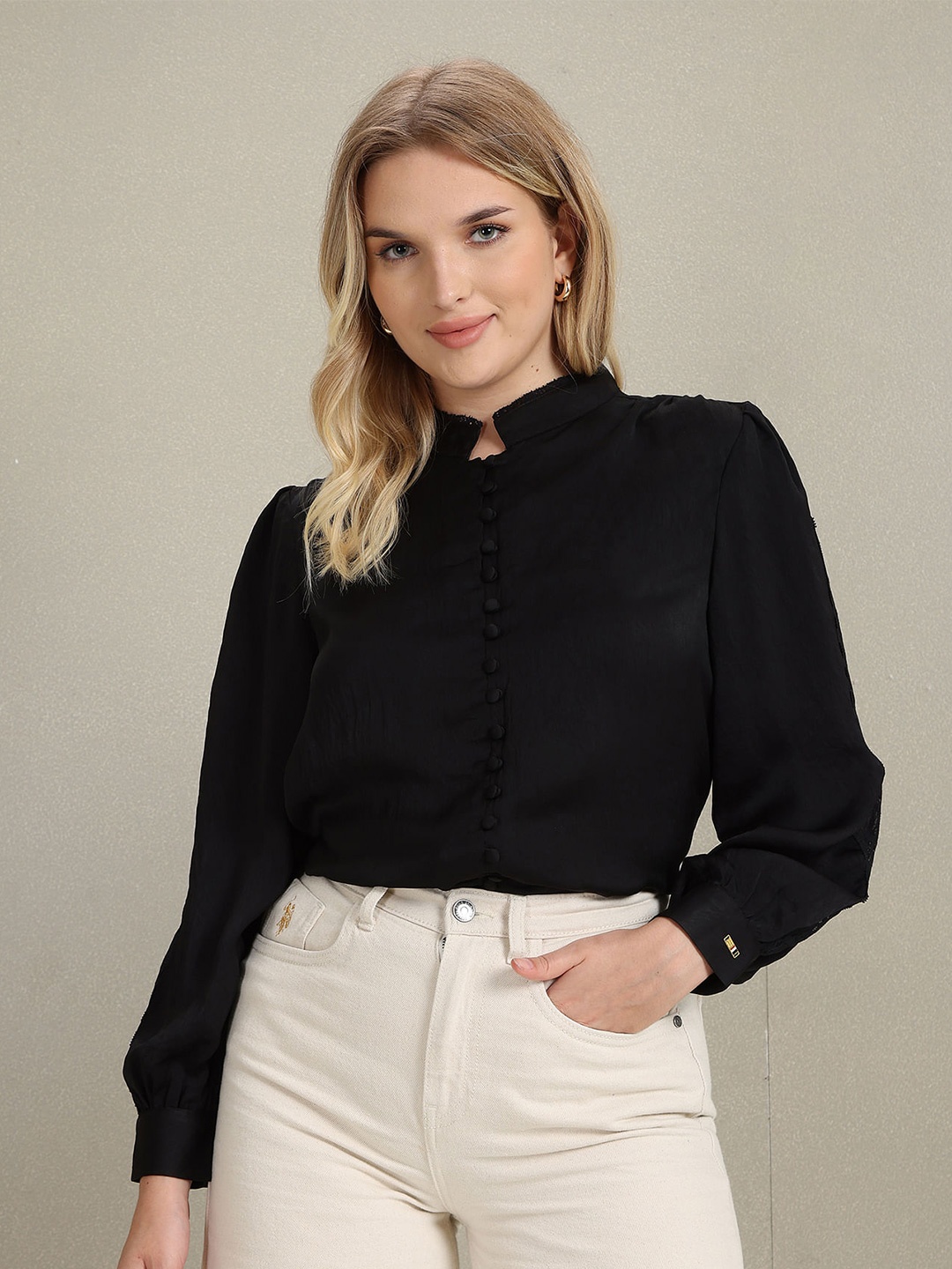 

U.S. Polo Assn. Women Comfort Mandarin Collar Gathers Opaque Casual Shirt, Black
