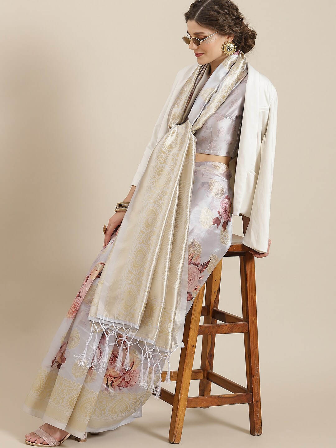 

AKS Warli Zari Pure Silk Banarasi Saree, Grey