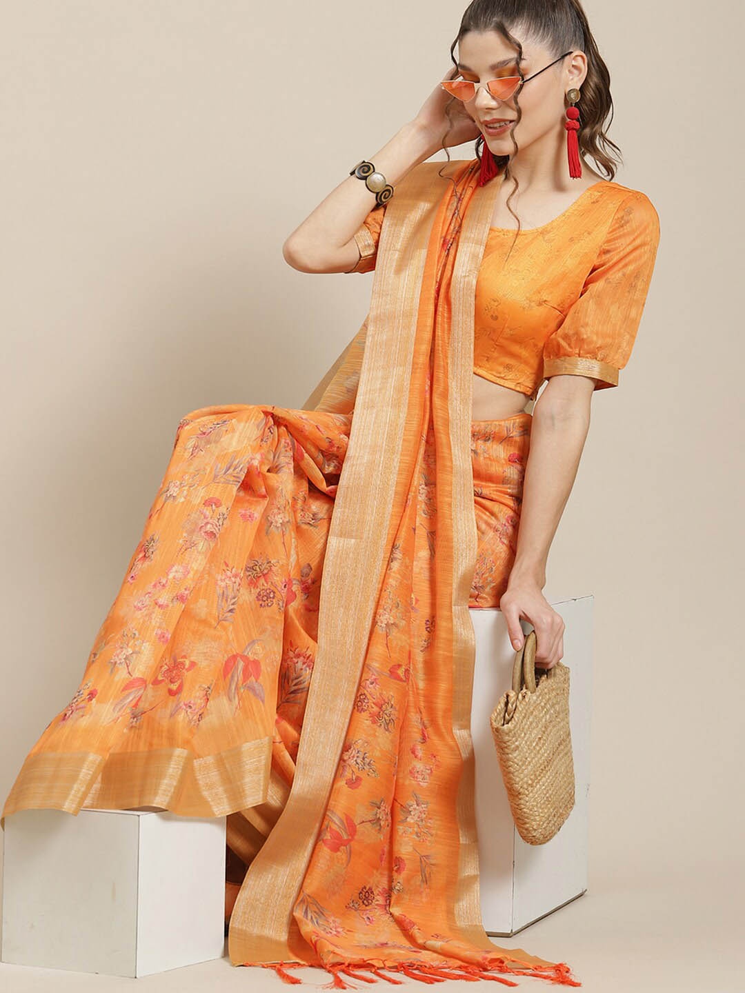 

AKS Floral Pure Silk Chanderi Saree, Orange