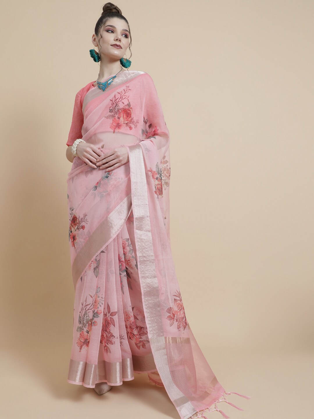 

AKS Floral Zari Organza Saree, Pink