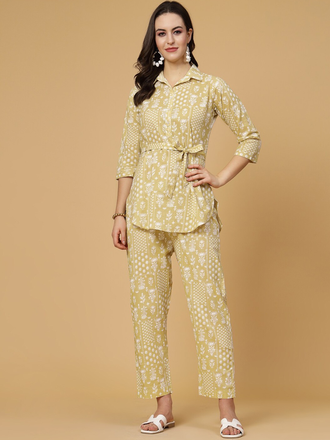 

Pistaa Printed Pure Cotton Top With Trousers Co-Ords, Mustard