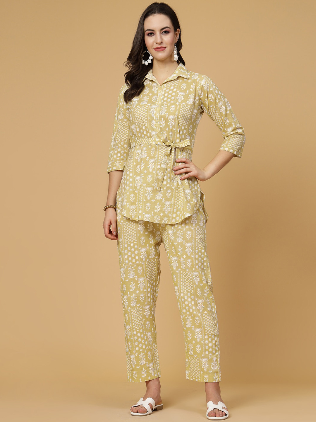 

Pistaa Printed Pure Cotton Top With Trousers, Mustard