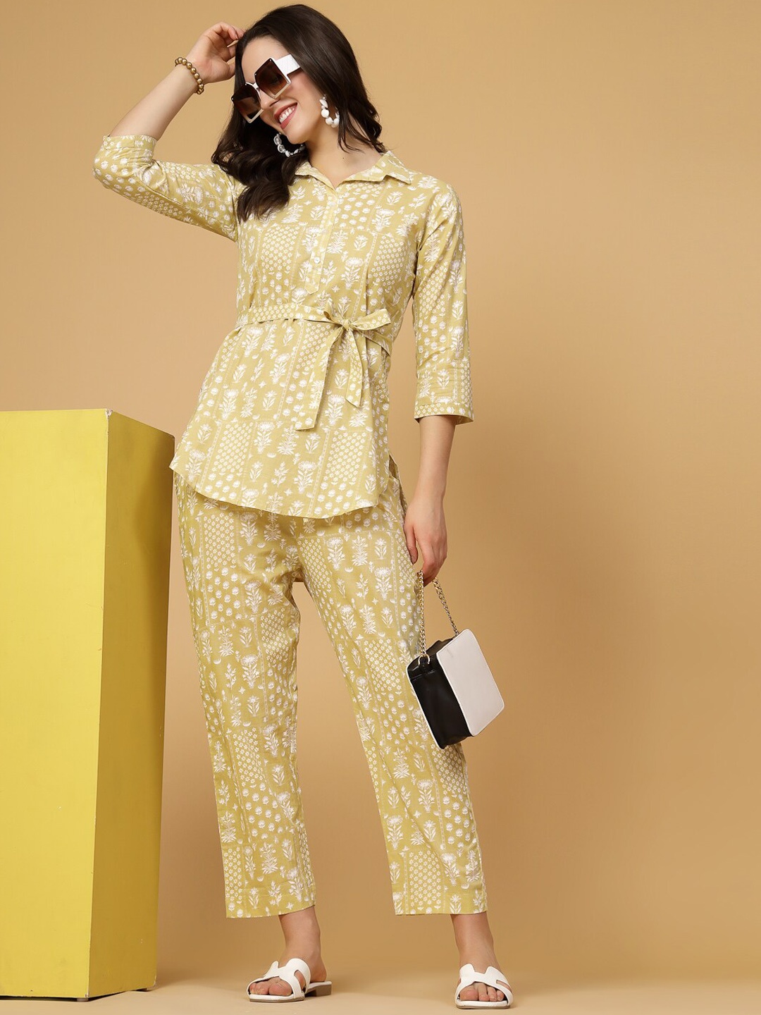 

Pistaa Printed Pure Cotton Top With Trousers, Mustard