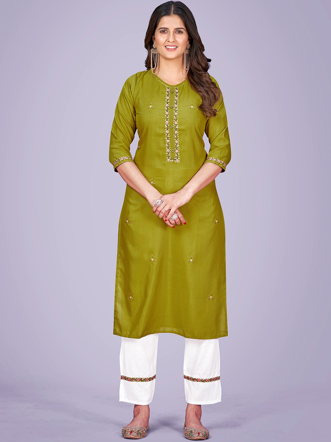 

KALINI Floral Embroidered Sequined Kurta With Bottoms, Green