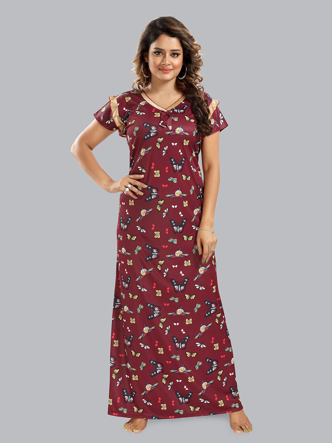 

FOMTI Printed Maxi Maternity Satin Nightdress, Maroon