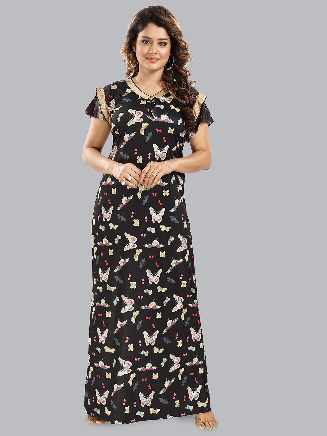 

FOMTI Printed Maxi Maternity Satin Nightdress, Black