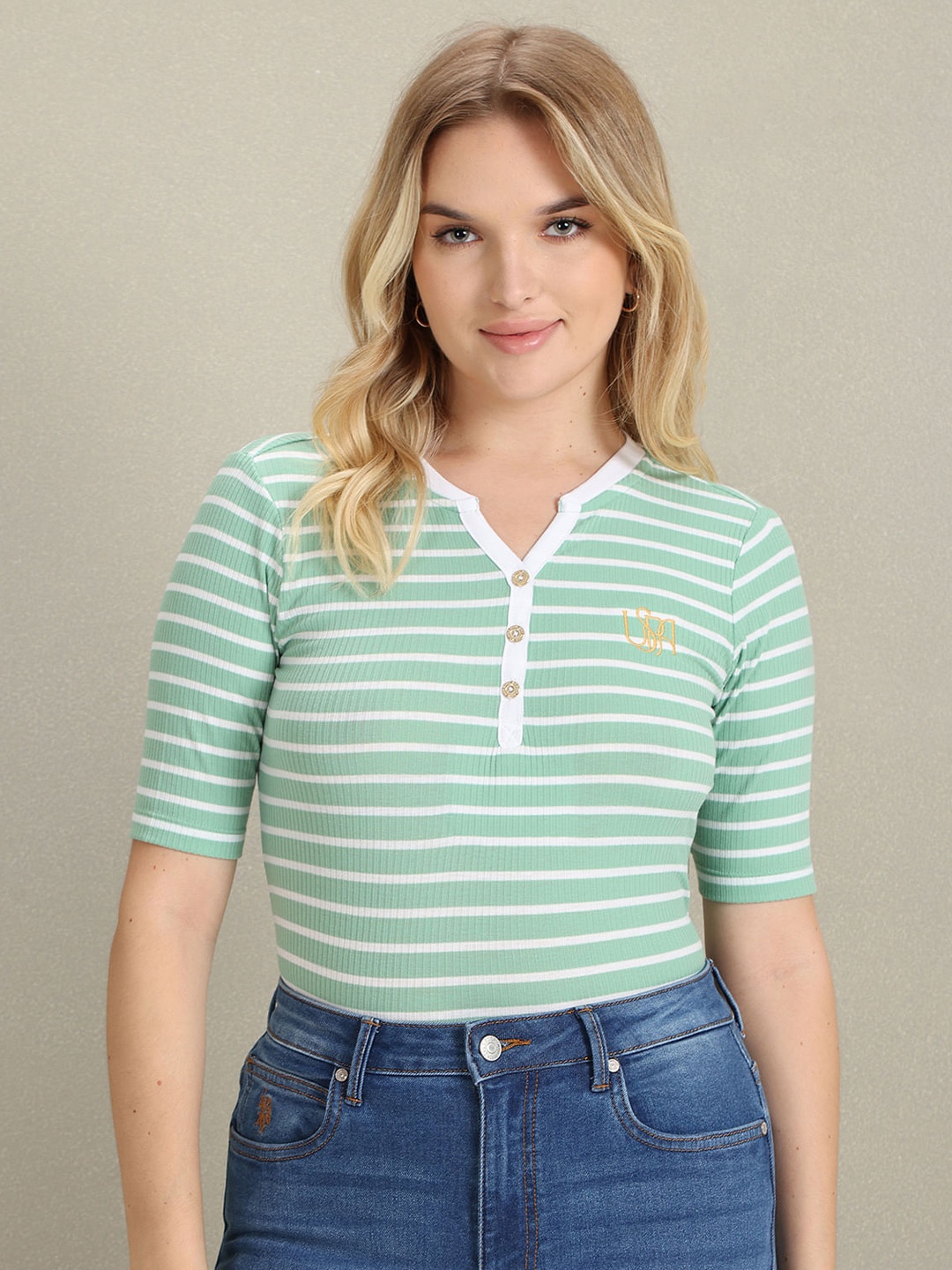 

U.S. Polo Assn. Women Striped Round Neck Slim Fit Cotton T-Shirt, Green