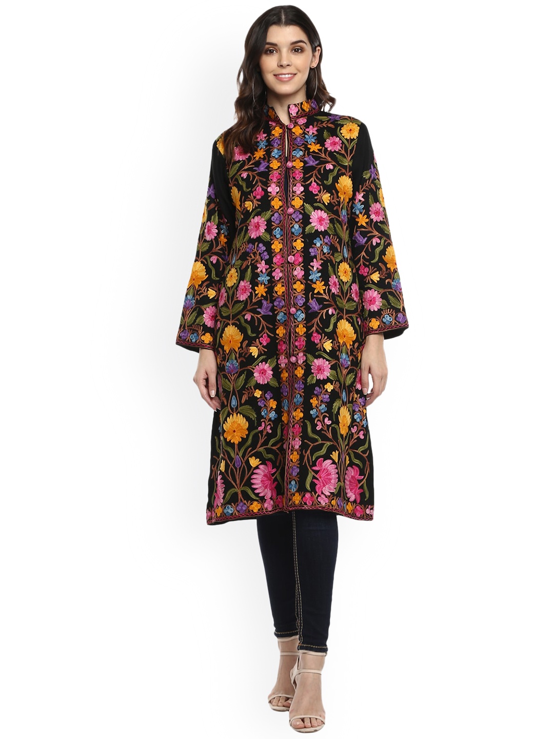 

CRAFTBAZAR Woollen Longline Open Front Jacket with Embroidered, Black