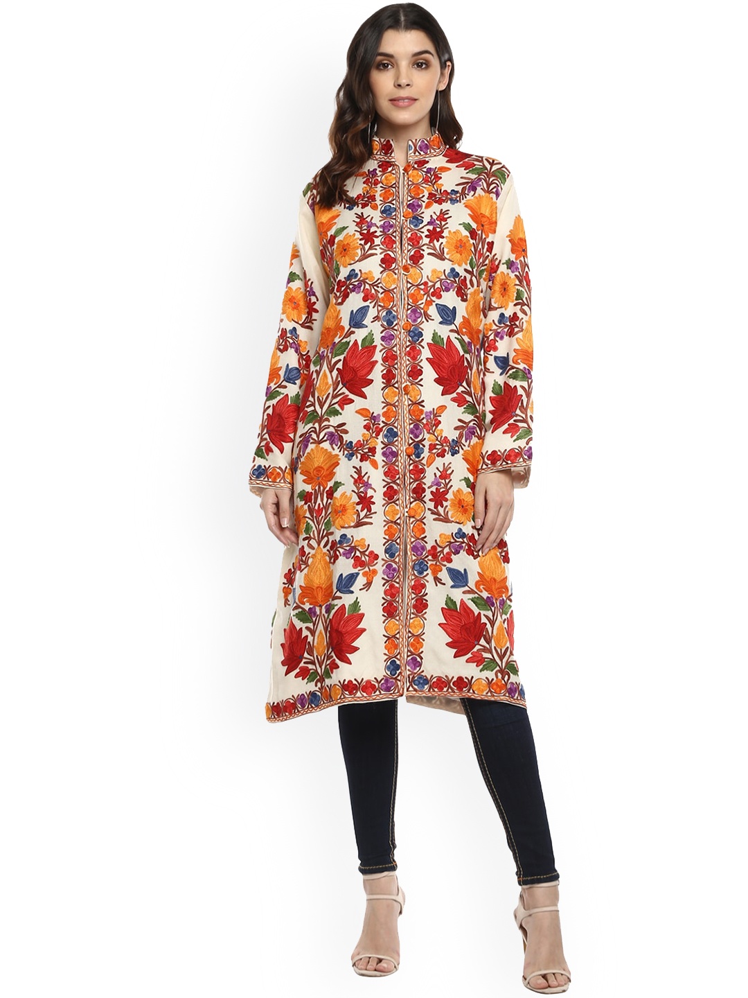 

CRAFTBAZAR Woollen Longline Open Front Jacket With Embroidered, White