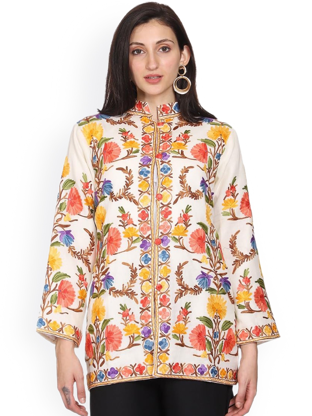

CRAFTBAZAR Woollen Longline Open Front Jacket With Embroidered, White