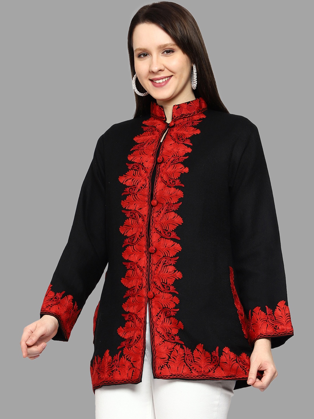 

CRAFTBAZAR Woollen Longline Open Front Jacket With Embroidered, Black