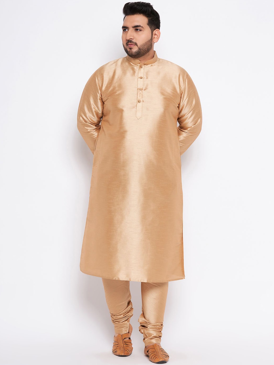 

VASTRAMAY Plus Size Mandarin Collar Regular Kurta with Churidar, Gold