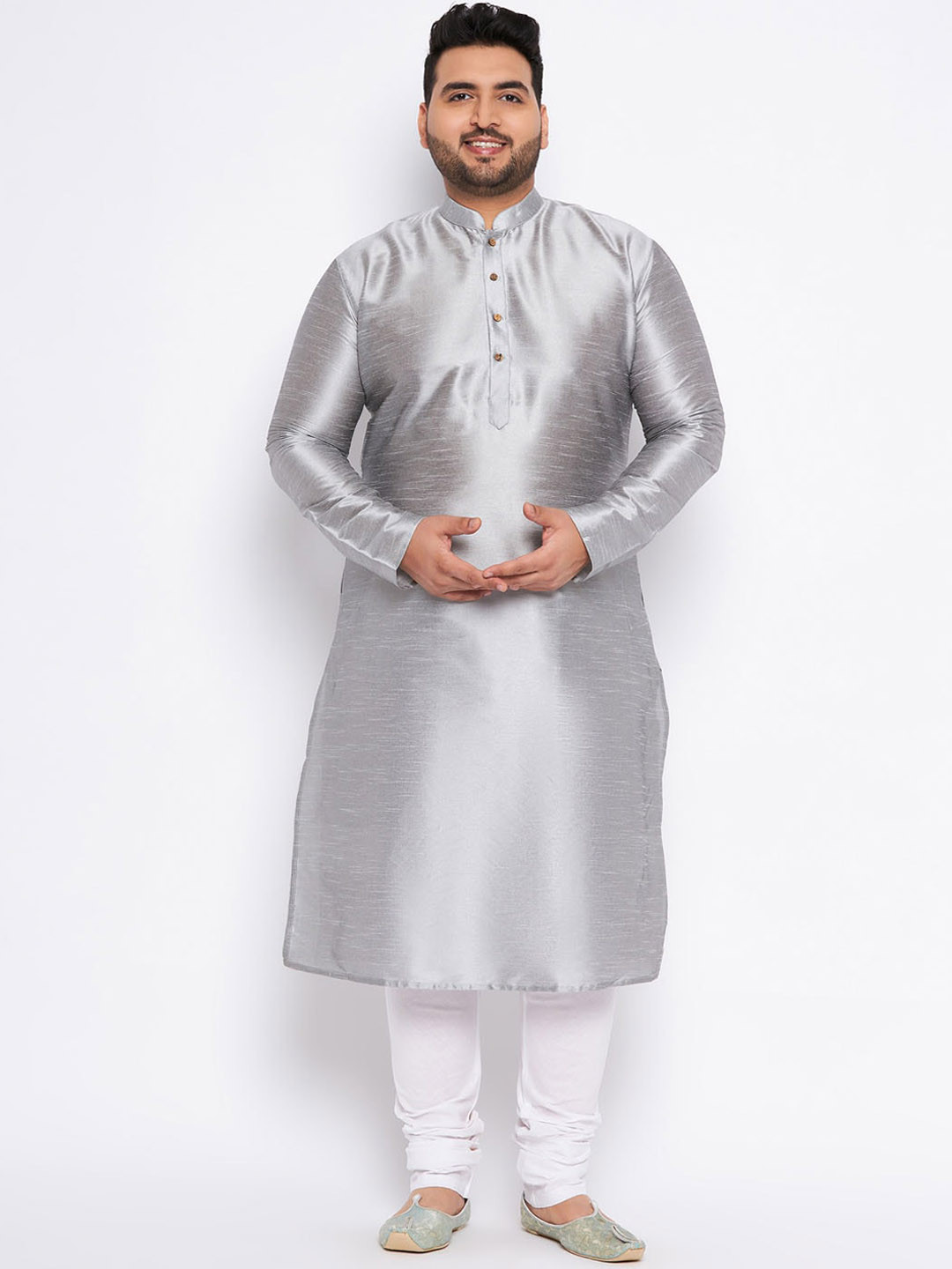 

VASTRAMAY Plus Size Mandarin Collar Regular Kurta with Churidar, Grey