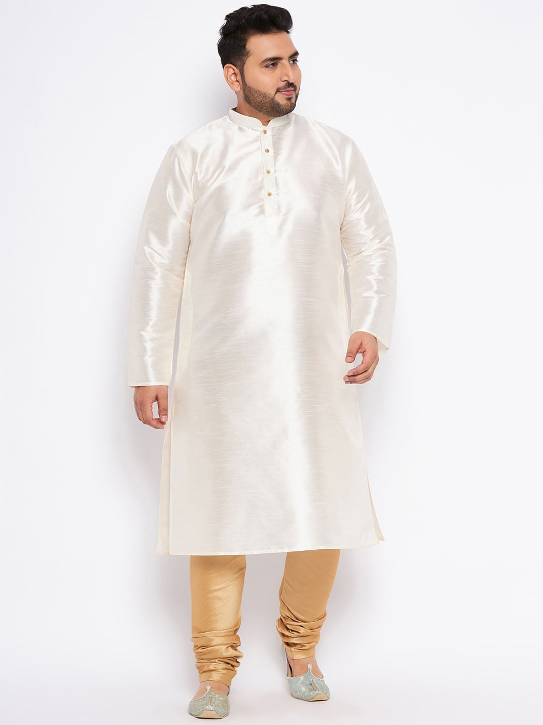 

VASTRAMAY Plus Size Mandarin Collar Regular Kurta with Churidar, Cream