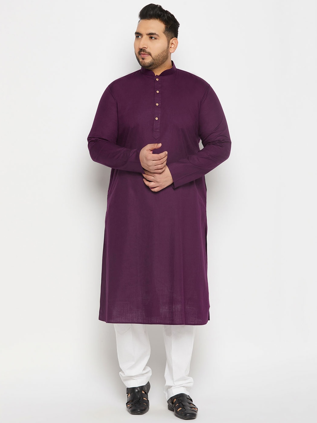 VASTRAMAY Plus Size Mandarin Collar Regular Kurta with Churidar, Purple