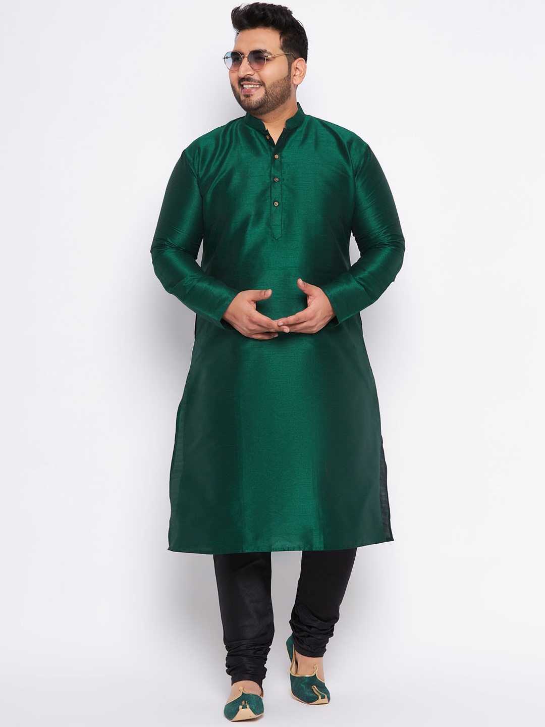 

VASTRAMAY Plus Size Mandarin Collar Regular Kurta with Churidar, Green
