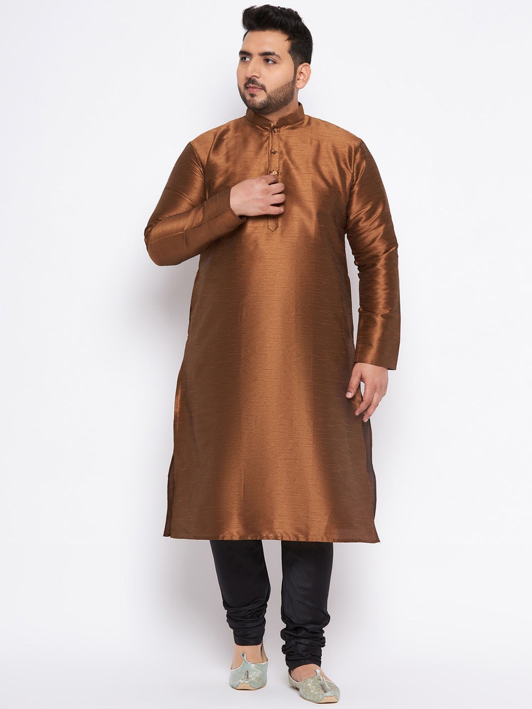 

VASTRAMAY Plus Size Mandarin Collar Regular Kurta with Churidar, Coffee brown