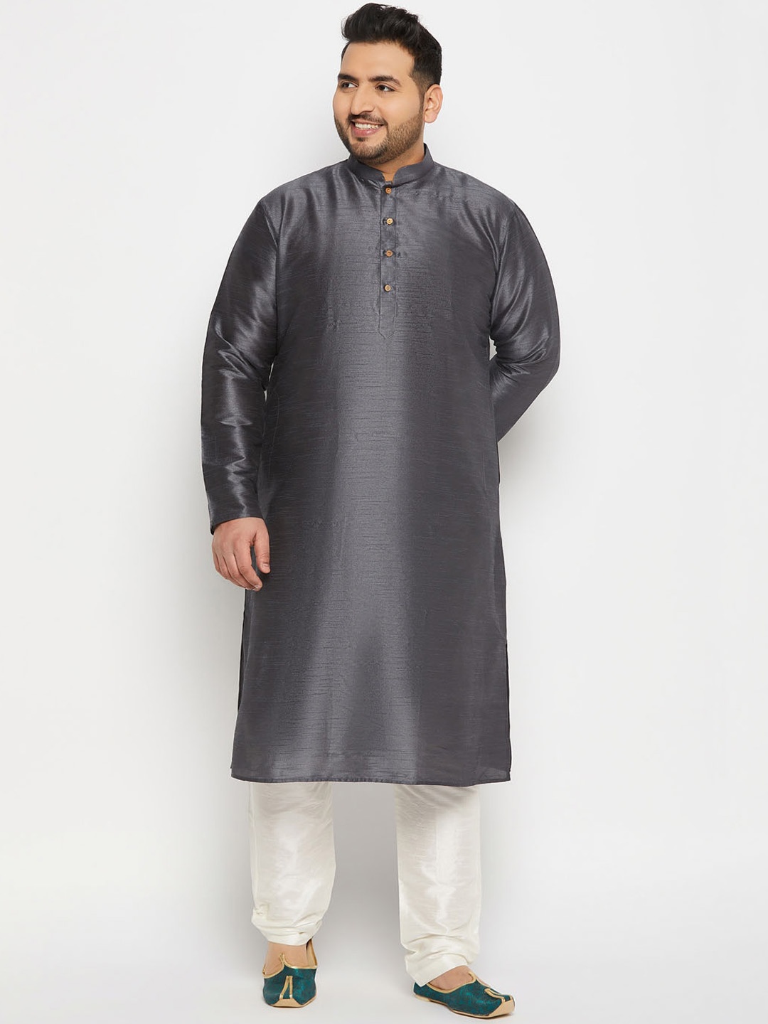 

VASTRAMAY Plus Size Mandarin Collar Regular Kurta with Churidar, Steel