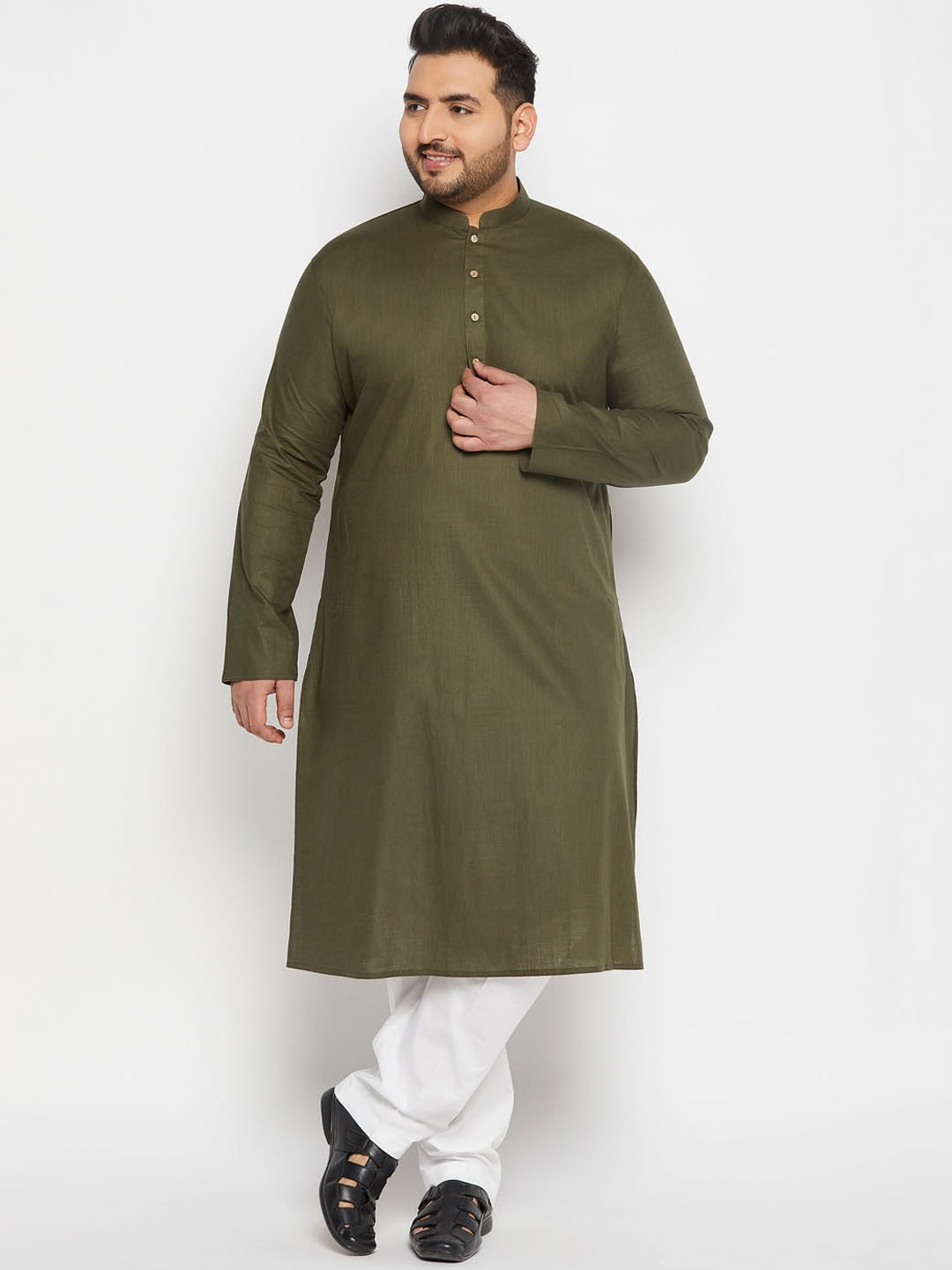 

VASTRAMAY Mandarin Collar Kurta With Pyjamas, Olive