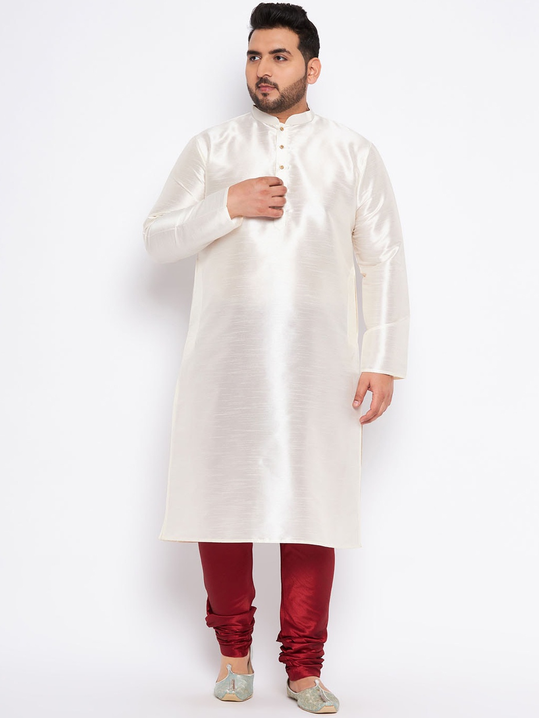 

VASTRAMAY Mandarin Collar Kurta With Churidar, Cream