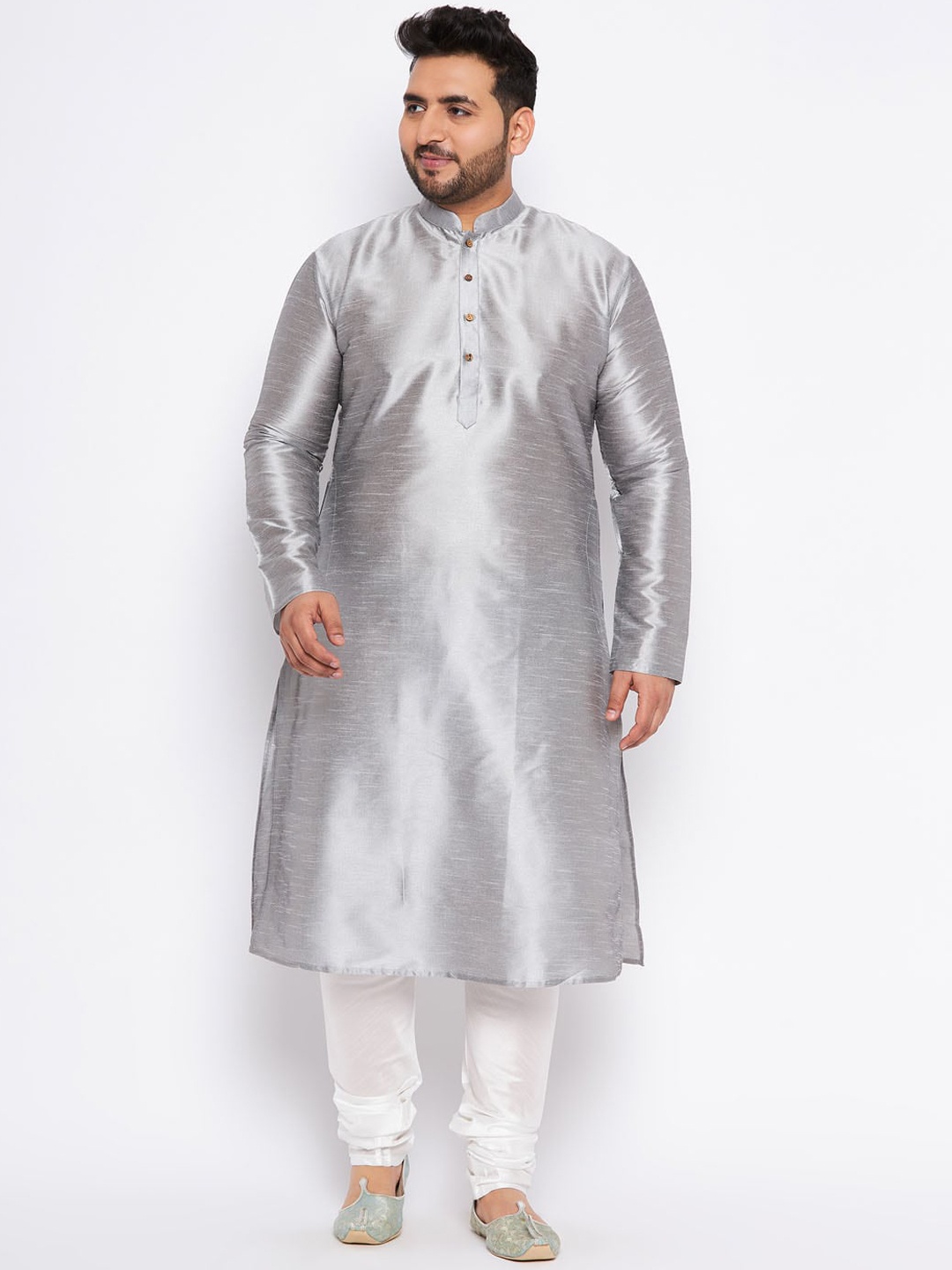 

VASTRAMAY Mandarin Collar Kurta With Churidar, Grey