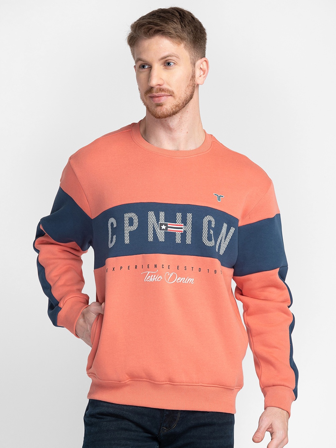 

TESSIO Typography Printed Pullover Cotton Sweatshirt, Peach