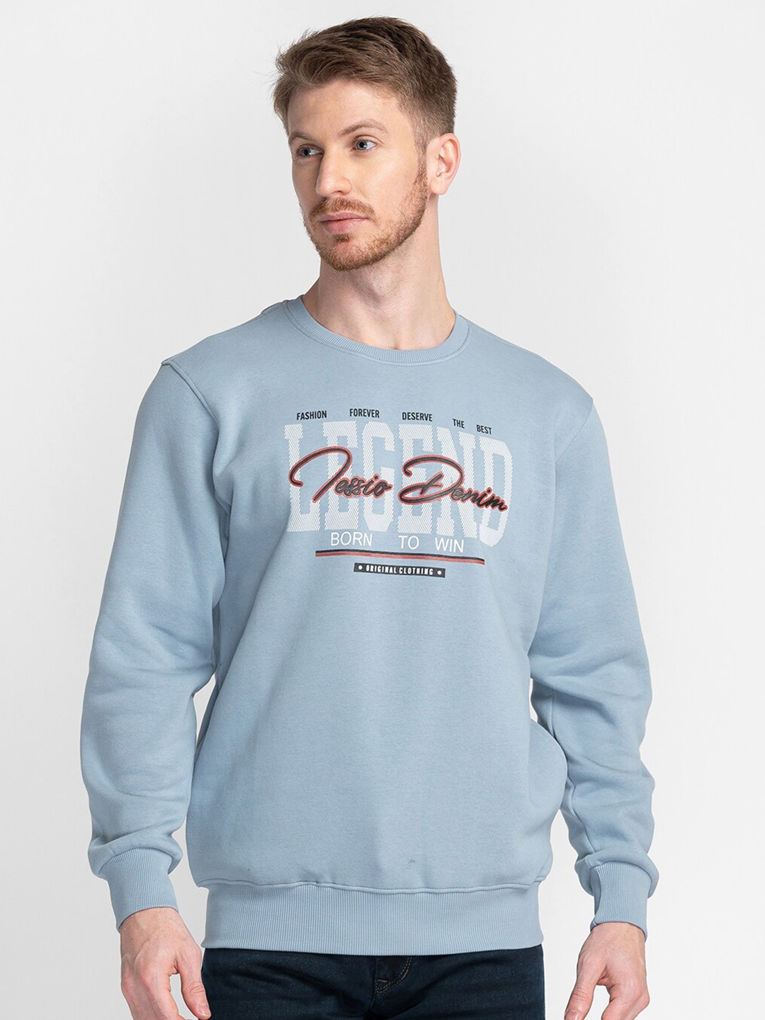 

TESSIO Typography Printed Pullover Cotton Sweatshirt, Blue