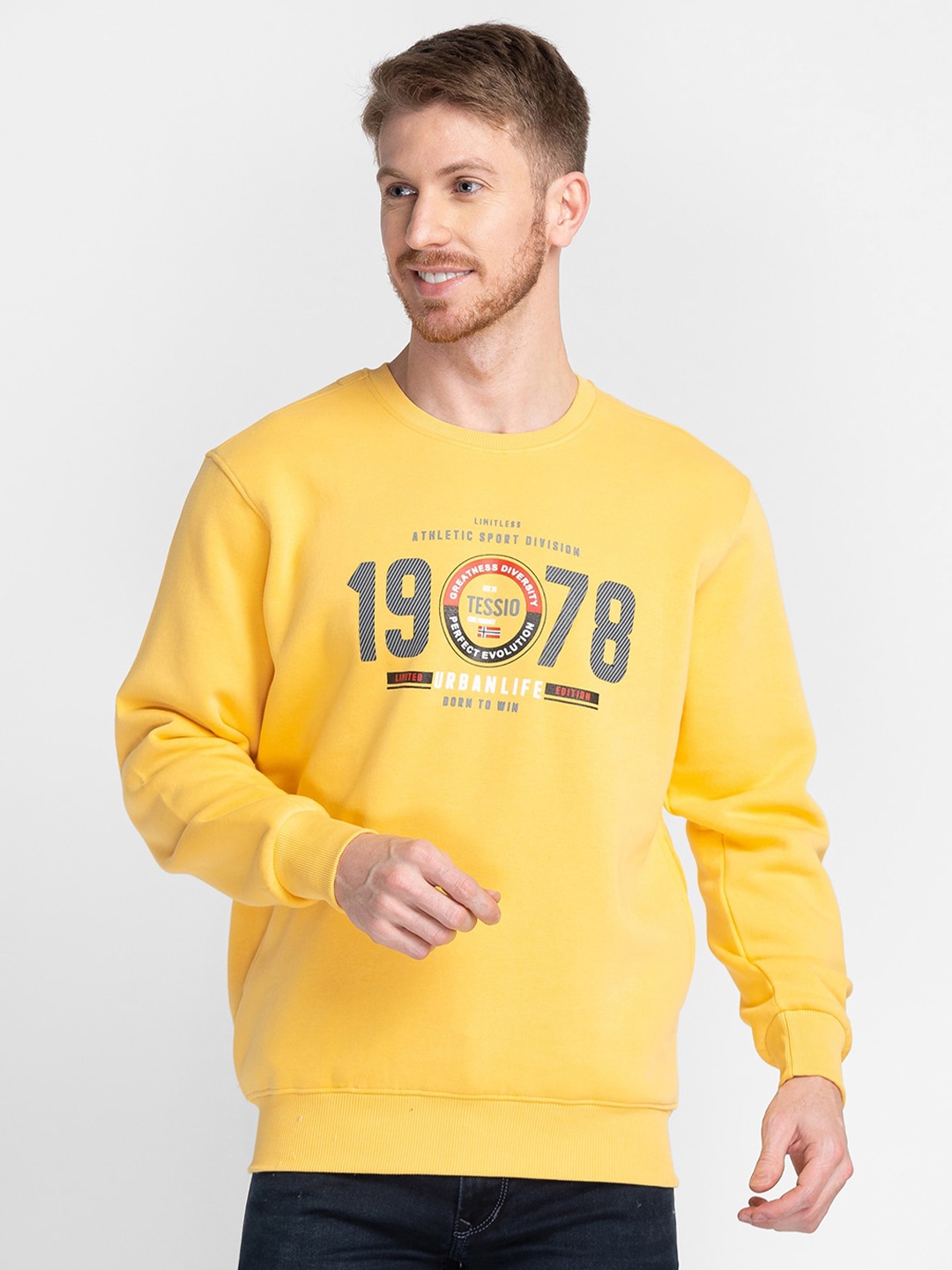 

TESSIO Typography Printed Pullover Cotton Sweatshirt, Yellow