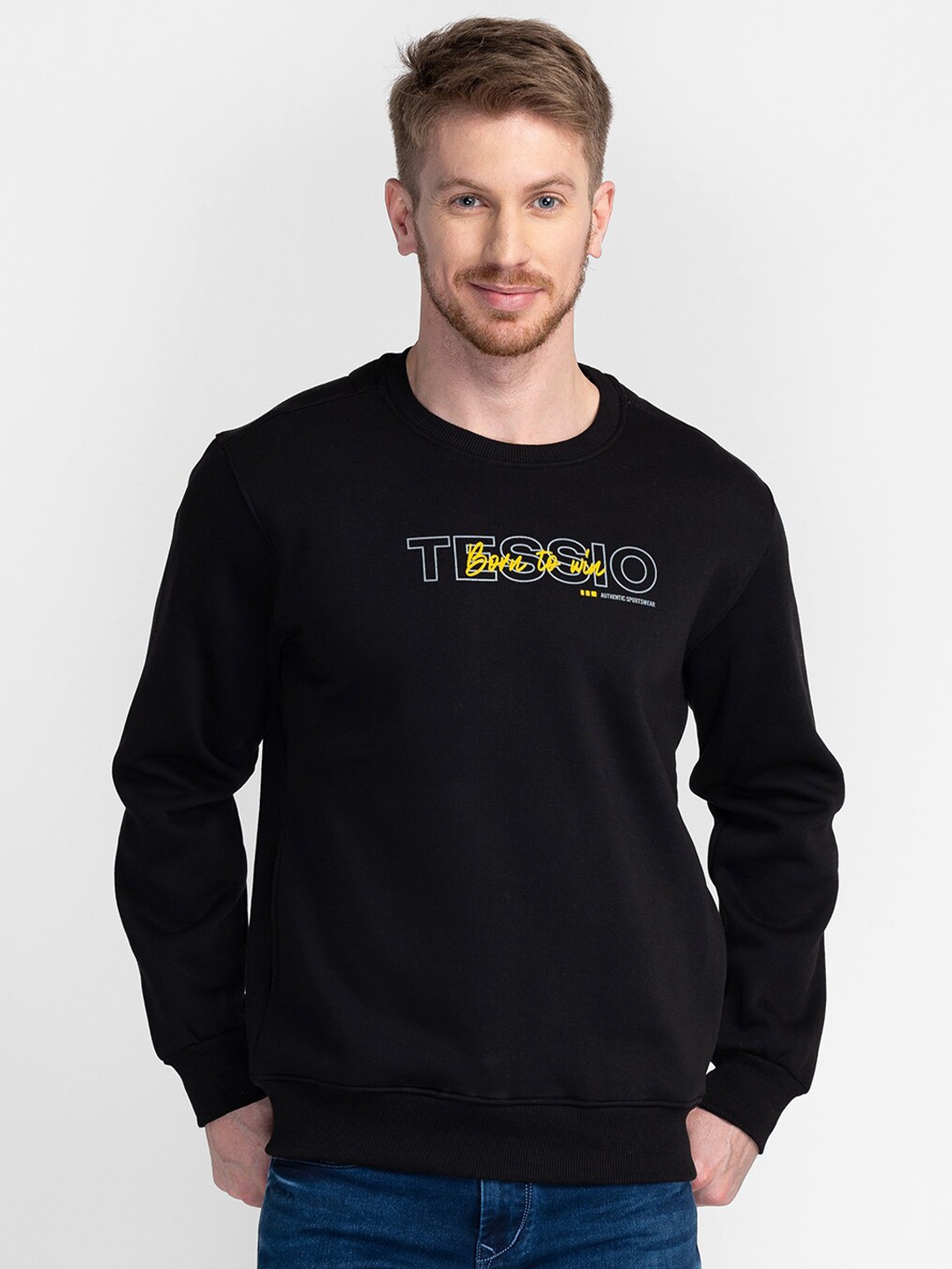 

TESSIO Typography Printed Pullover Cotton Sweatshirt, Black