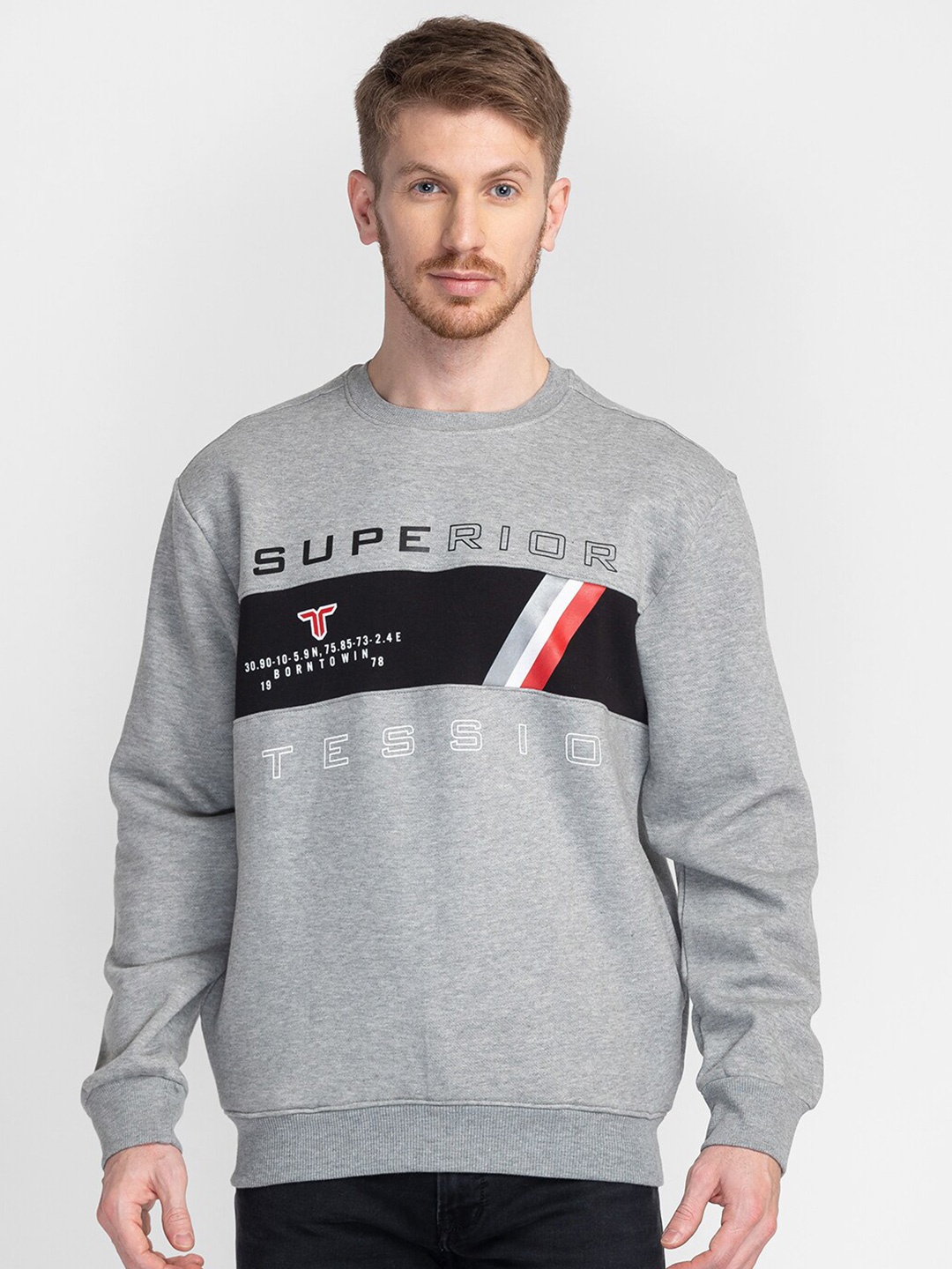 

TESSIO Typography Printed Pullover Cotton Sweatshirt, Grey