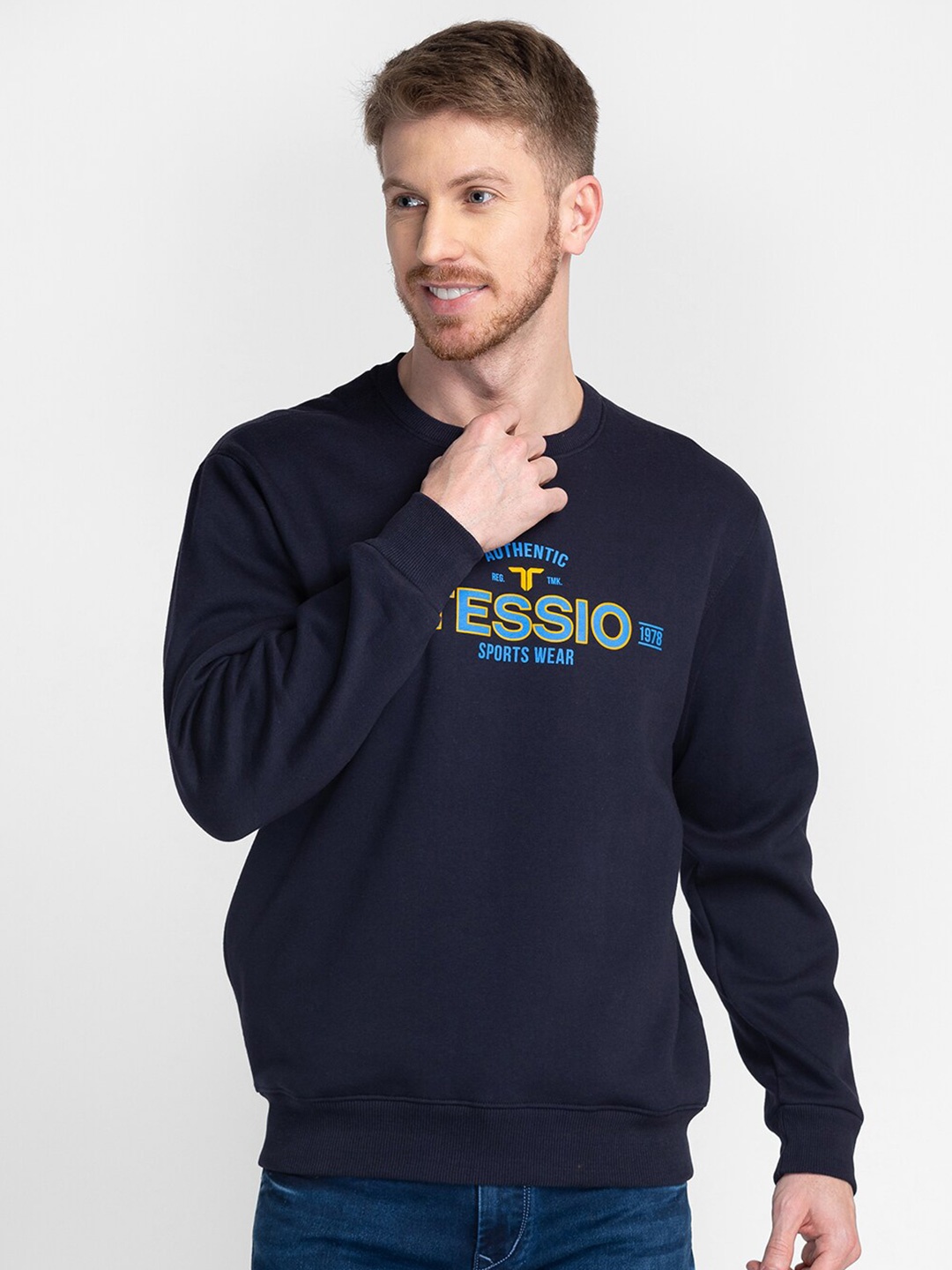 

TESSIO Typography Printed Pullover Cotton Sweatshirt, Navy blue