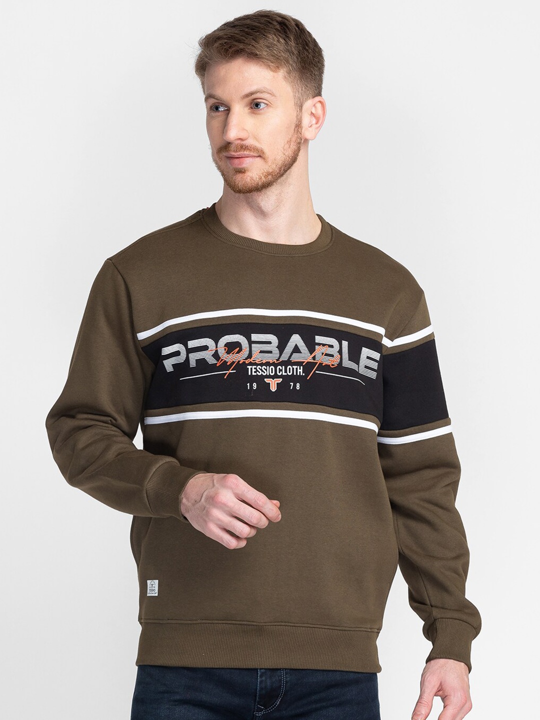 

TESSIO Typography Printed Pullover Cotton Sweatshirt, Olive