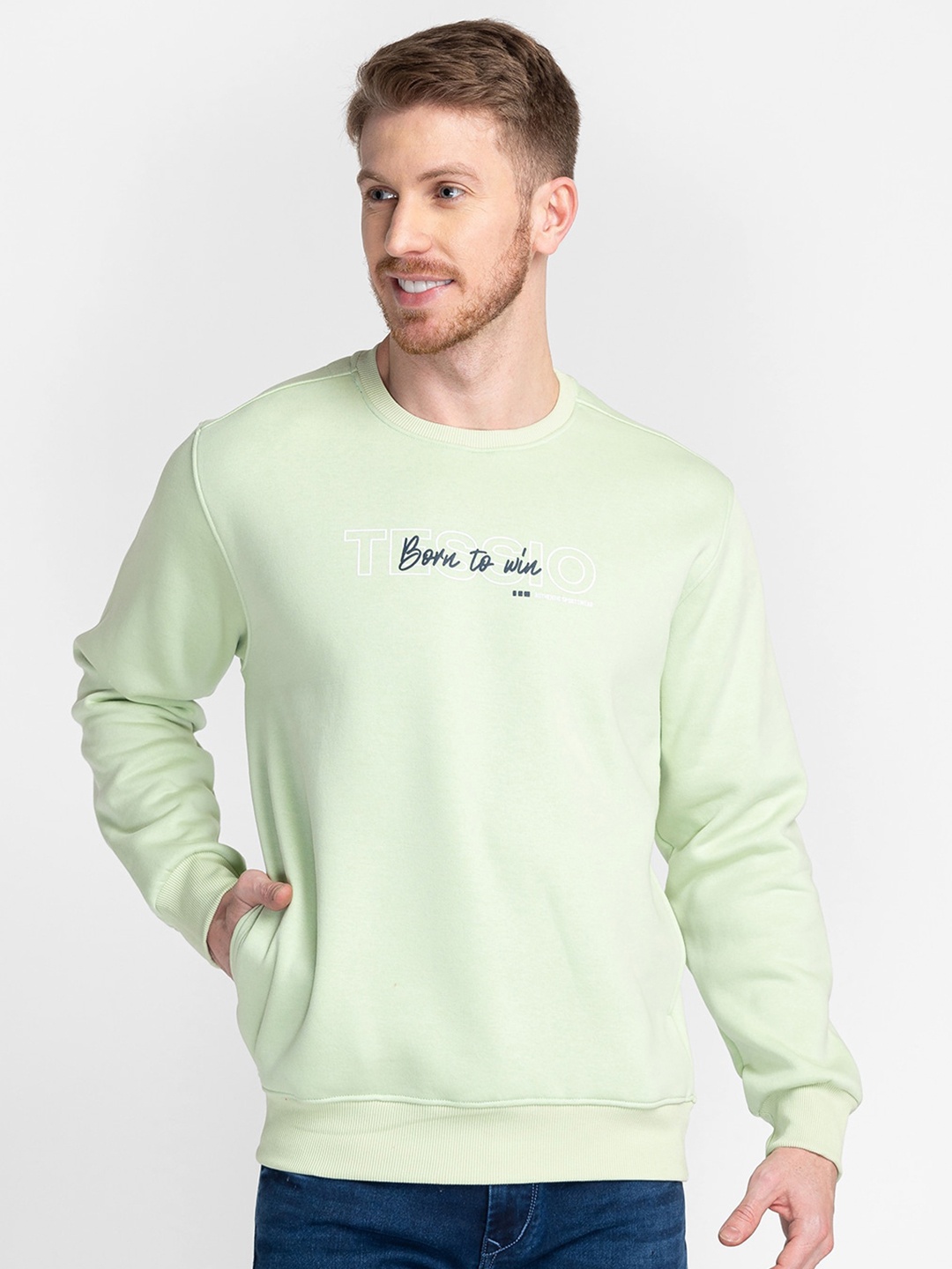 

TESSIO Typography Printed Pullover Cotton Sweatshirt, Green