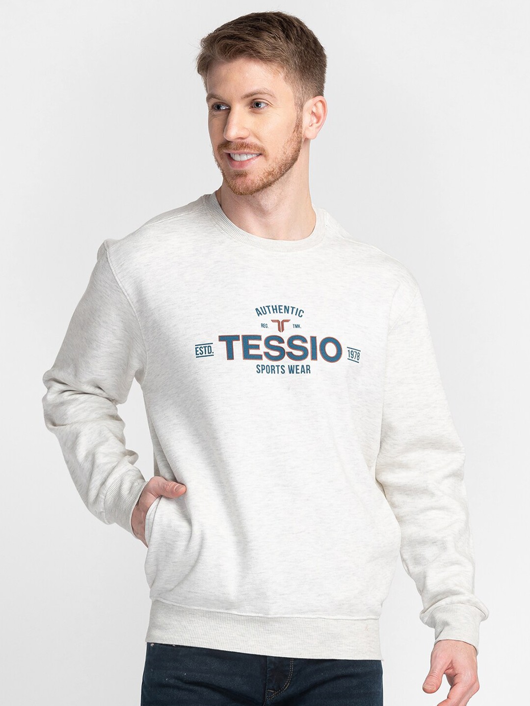 

TESSIO Typography Printed Pullover Cotton Sweatshirt, Grey