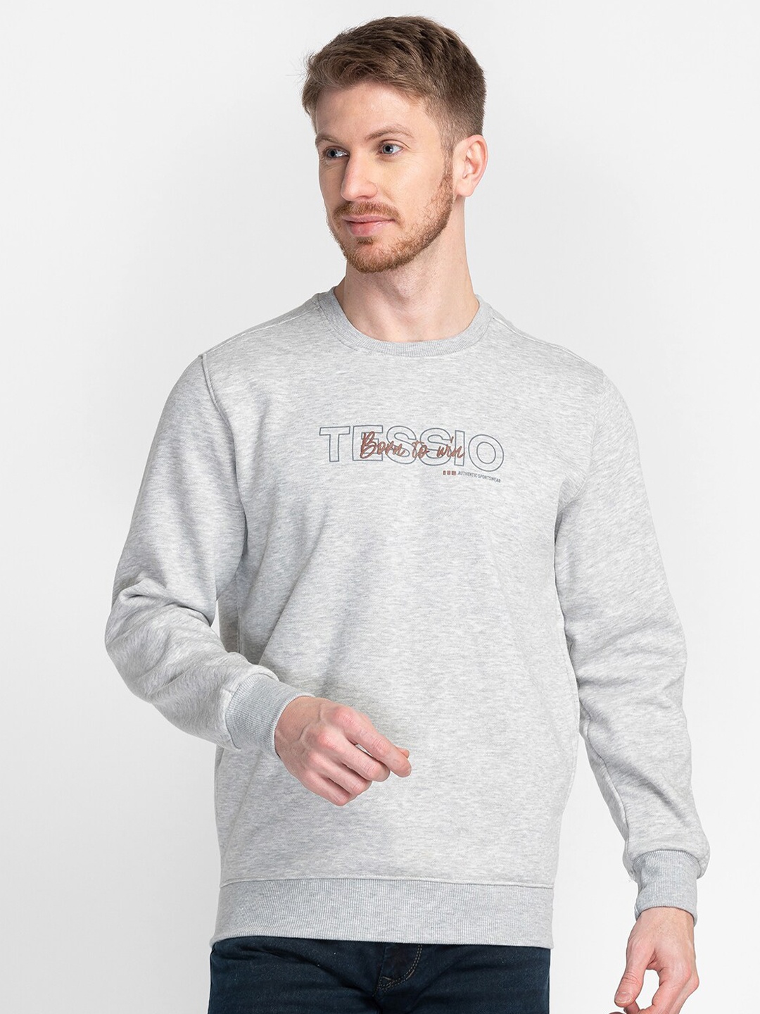 

TESSIO Typography Printed Pullover Cotton Sweatshirt, Grey
