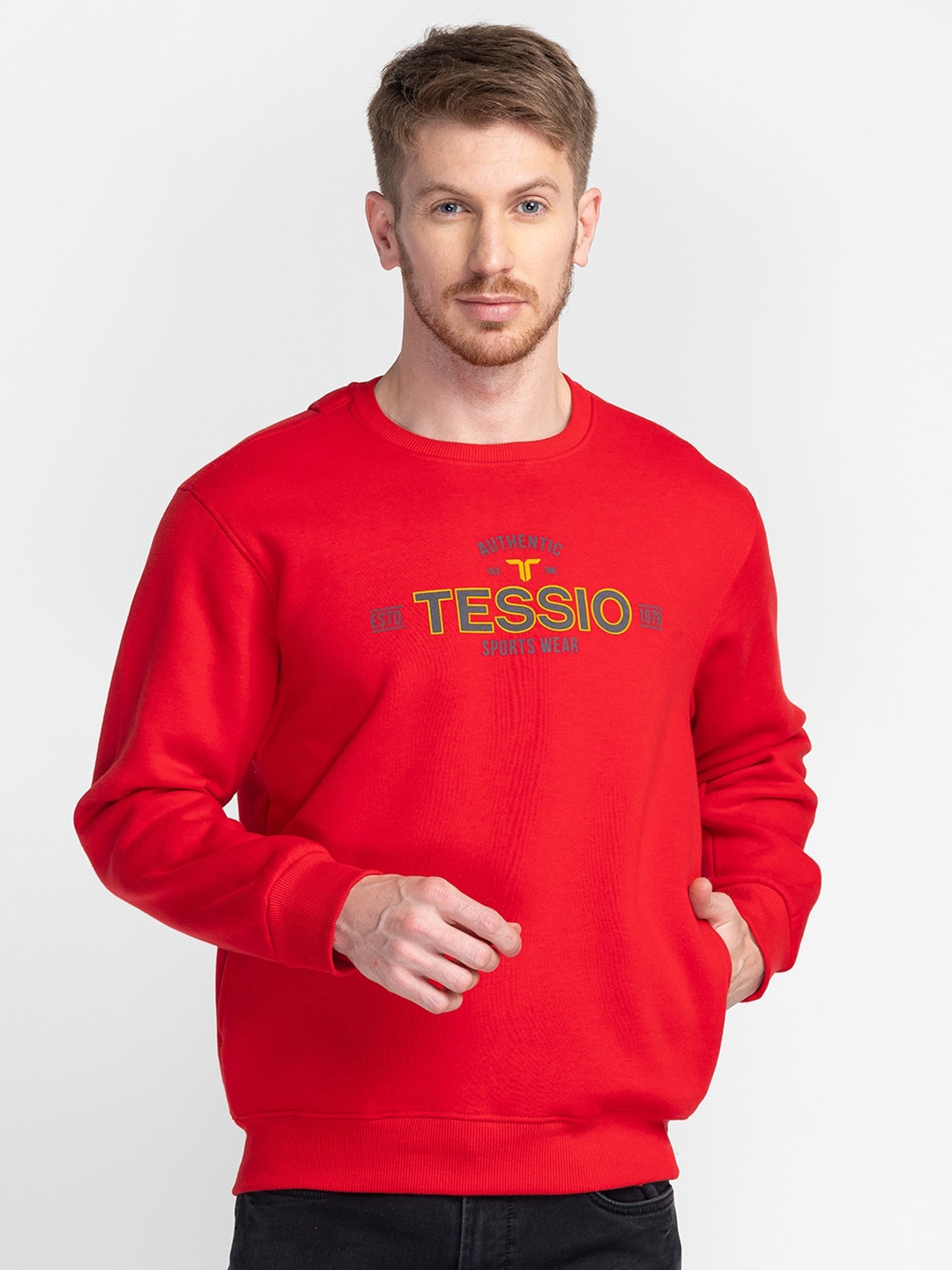 

TESSIO Typography Printed Pullover Cotton Sweatshirt, Red