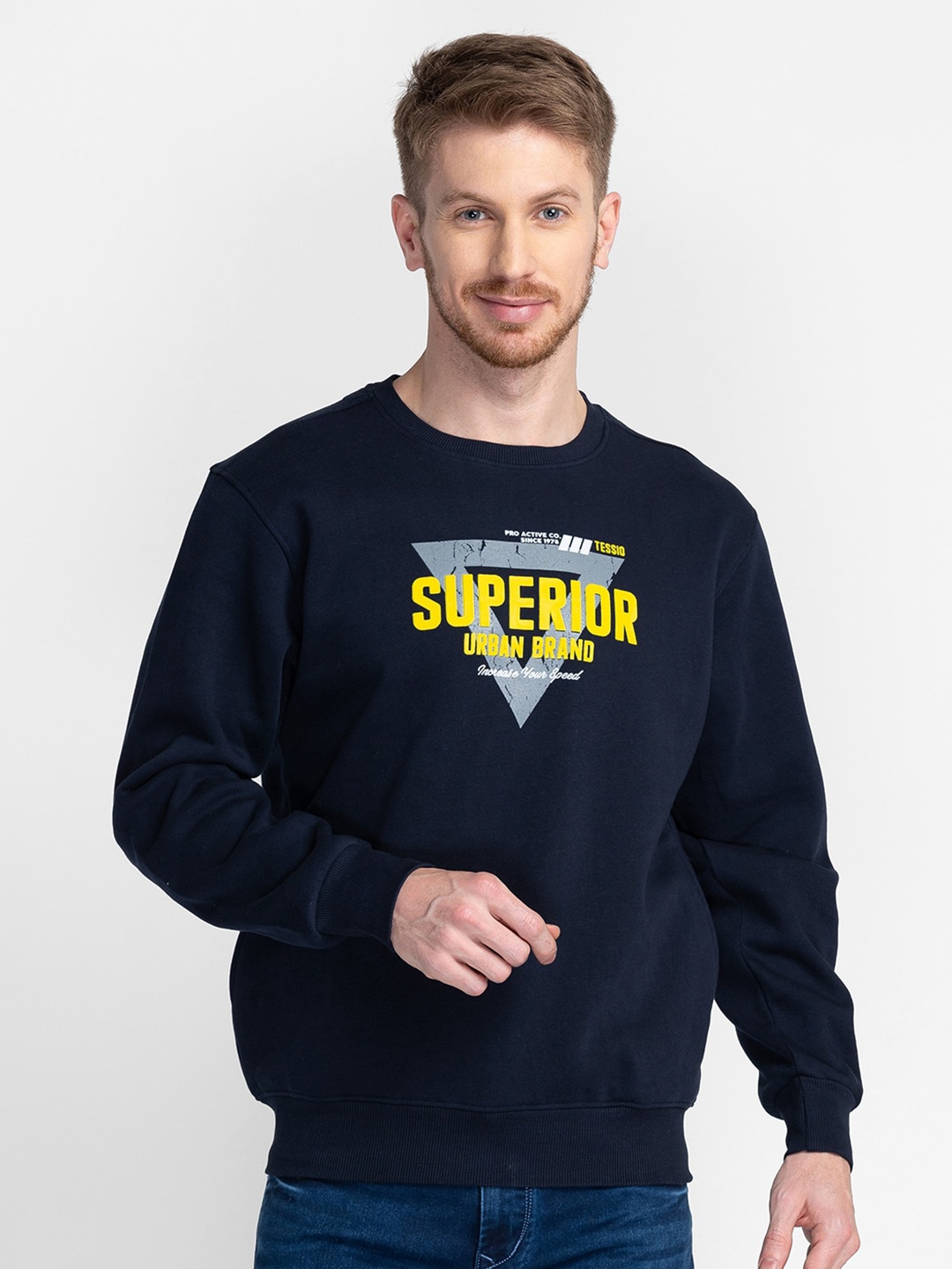 TESSIO Typography Printed Pullover Cotton Sweatshirt, Navy blue