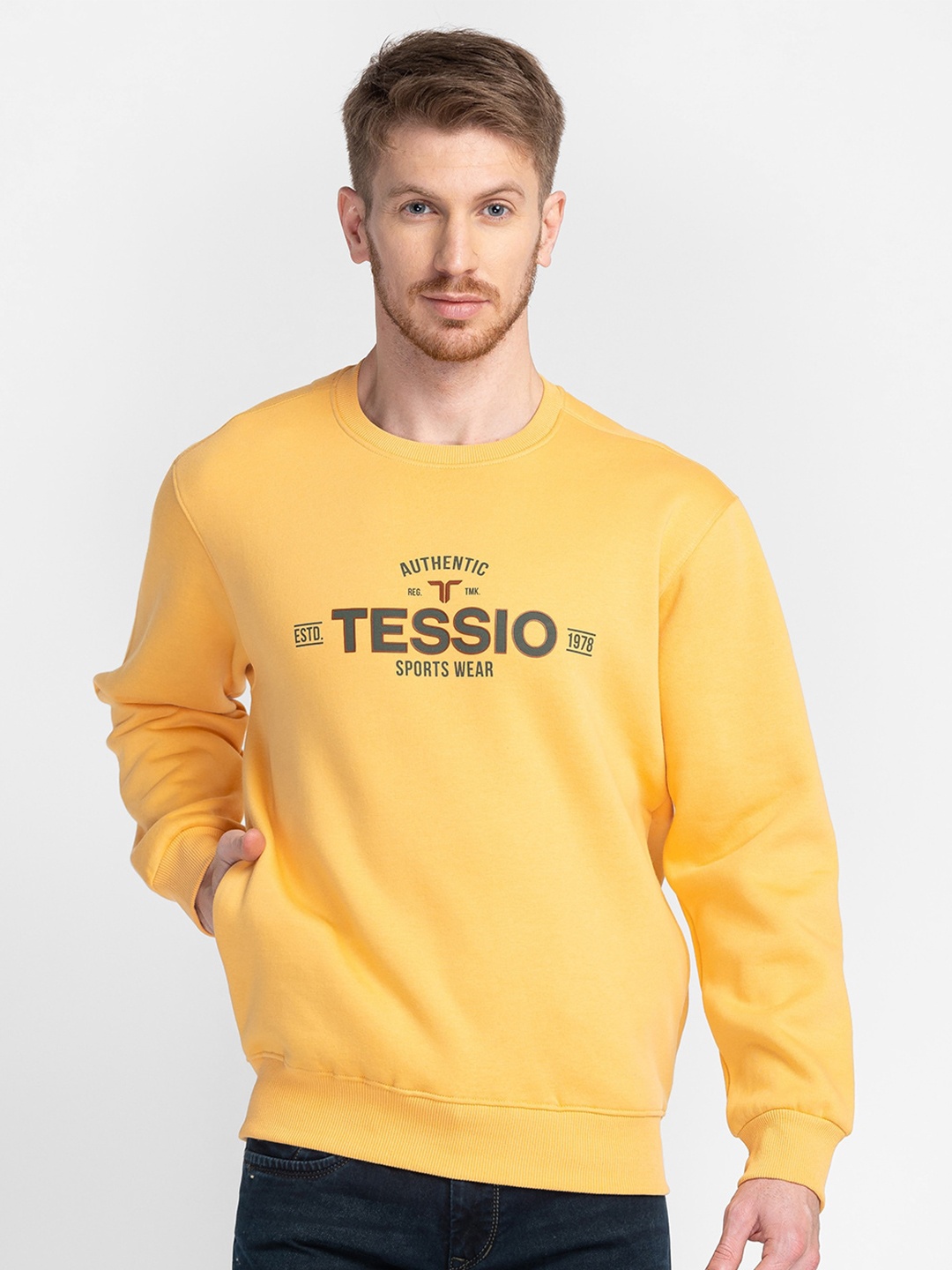 

TESSIO Brand Logo Printed Pullover Cotton Sweatshirt, Yellow