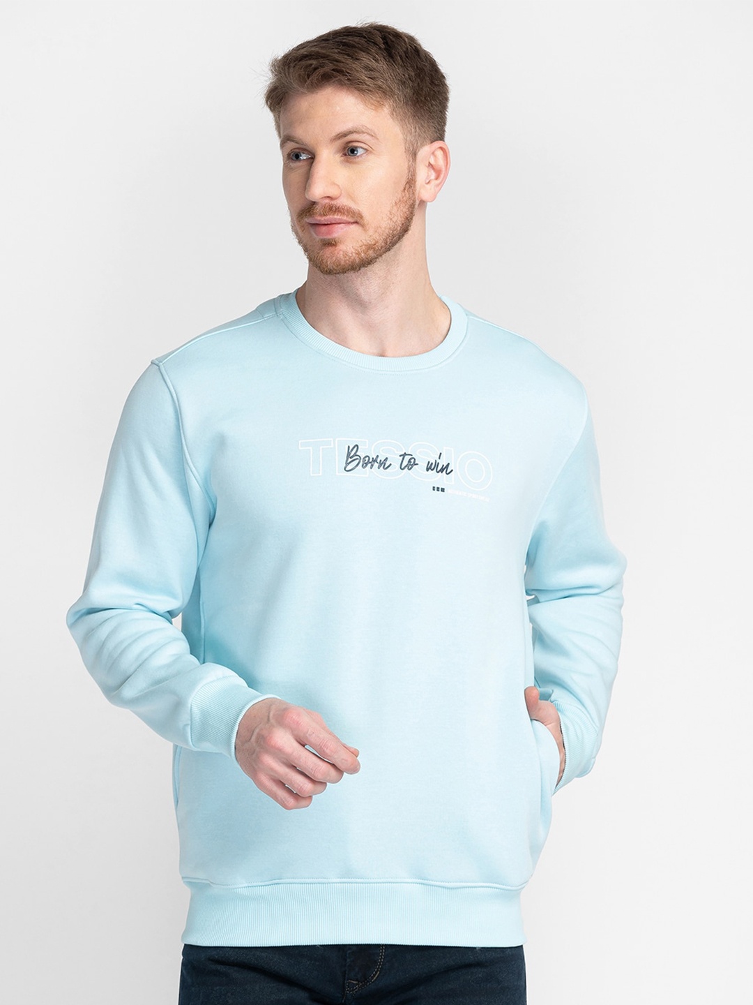 

TESSIO Typography Printed Pullover Cotton Sweatshirt, Blue