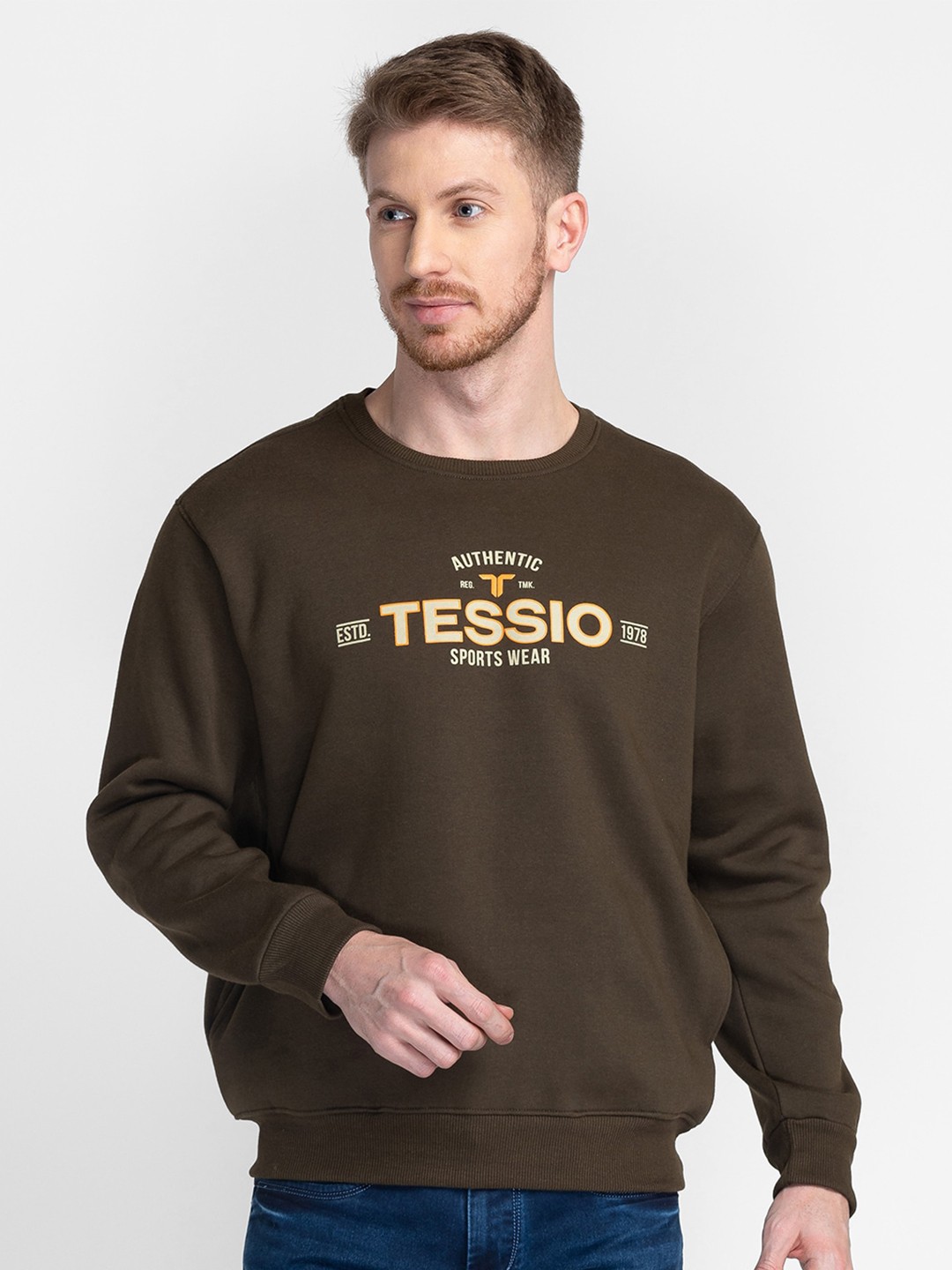 

TESSIO Brand Logo Printed Pullover Cotton Sweatshirt, Brown